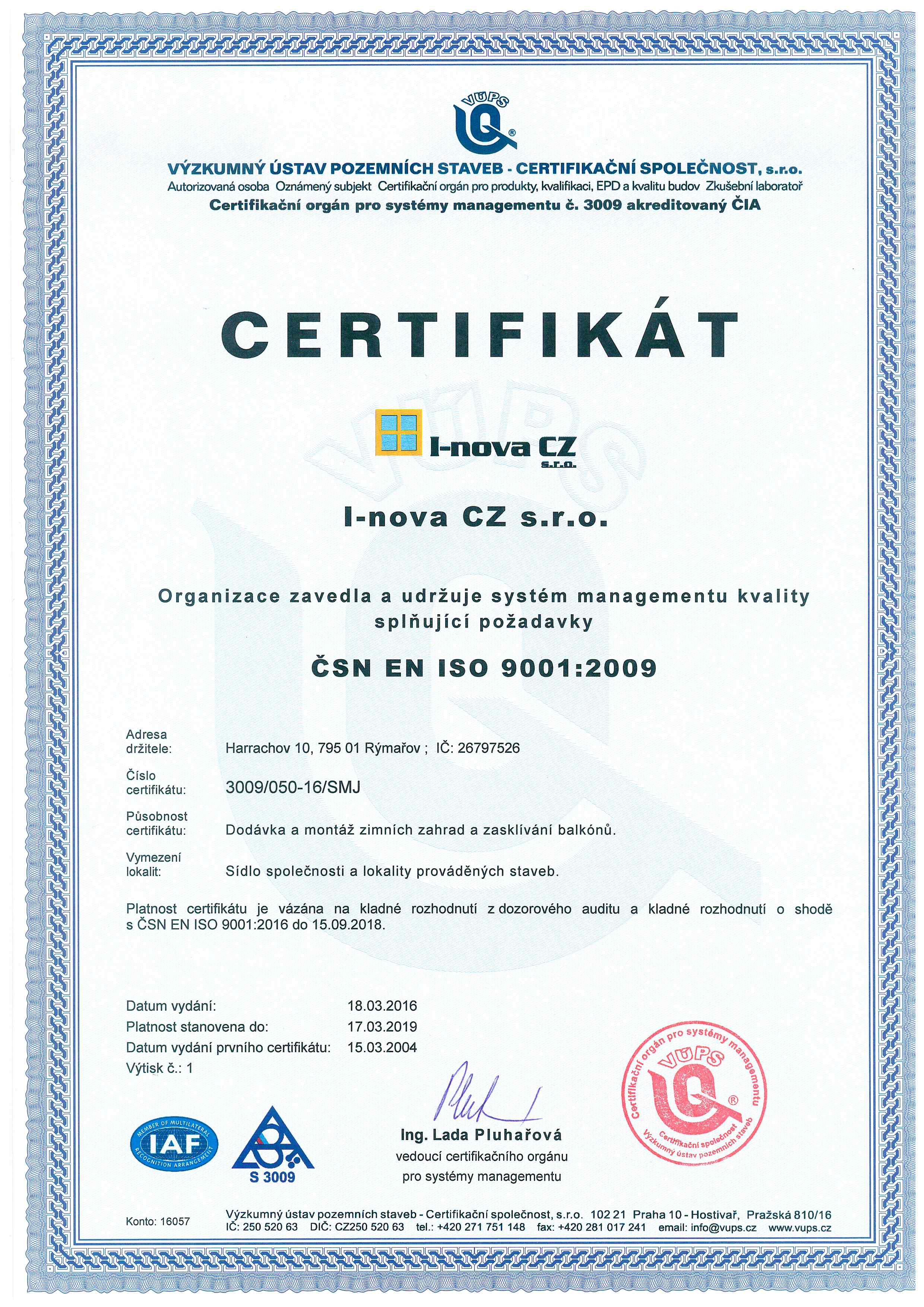 Certifikát ČSN EN ISO 9001:2009